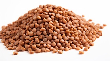 Close-up realistic photo featuring a small heap of buckwheat groats on a white background Generative AI