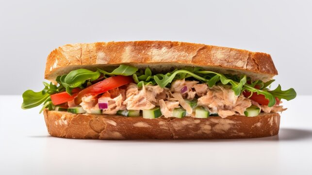 Close-up realistic photo featuring a hearty tuna salad sandwich on a white background Generative AI