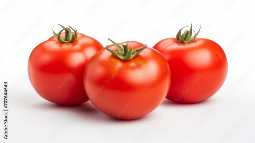 Poster close-up realistic photo of three plump, ripe tomatoes on a white background generative ai