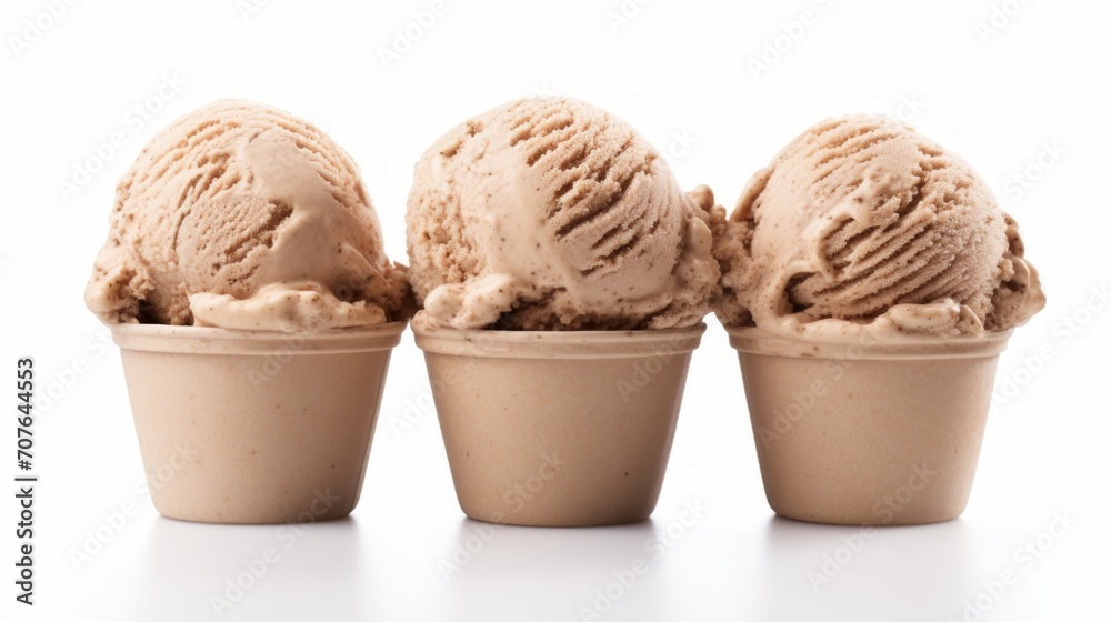 Poster Close-up realistic photo of three scoops of hazelnut gelato on a white background Generative AI