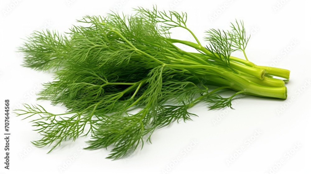 Aufkleber close-up realistic photo showcasing three aromatic, fresh dill leaves on a white background generati