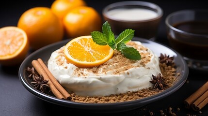 Orange with white yoghurt and cinnamon.