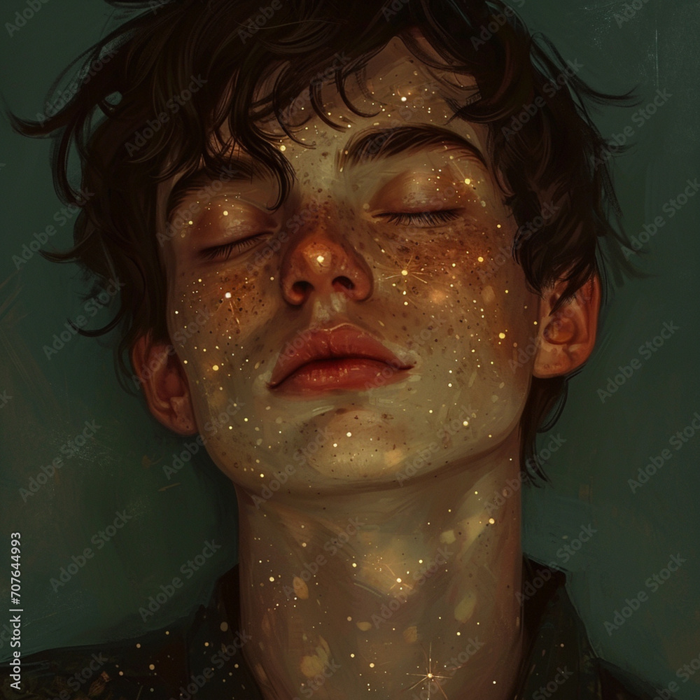 Poster A depiction of a person with unique constellation-like freckle patterns across their cheeks.
