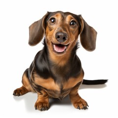 Realistic photo of a Dachshund on a white background, long body, expressive eyes, cheerful and curious expression Generative AI