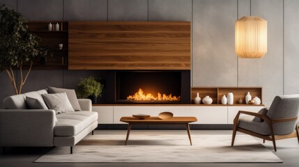 Realistic photo of a mid-century modern living room, fireplace with a sleek design, retro furnishings, clean lines, soft ambient lighting, stylish and retro vibe Generative AI