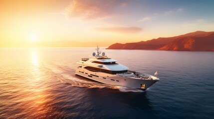 Realistic photo of an opulent yacht cruise at sunset, luxurious setting with sun-kissed hues, wealthy vacationers enjoying the view Generative AI - obrazy, fototapety, plakaty