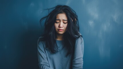 Expression of depression or anxiety of young Asian girl on blue background