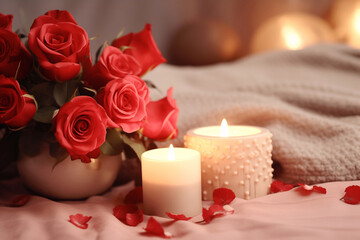 Valentine Day ambiance setting adorned with candles and bouquet. Flowers with fire from candles create positive mood for holiday in evening