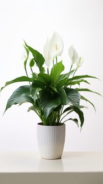 Stock image of a Peace Lily on a white background, elegant white blooms and glossy foliage, serene and gracefu Generative AI