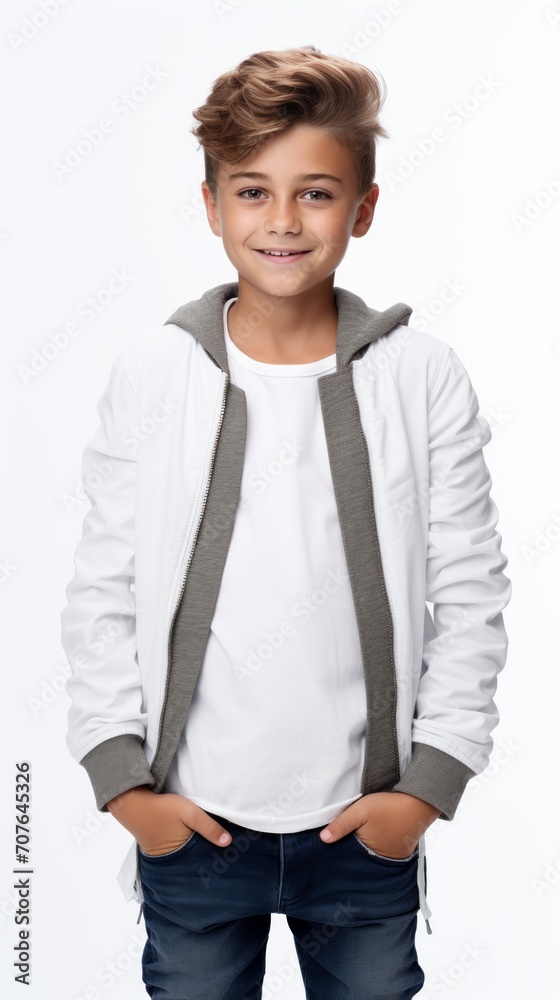 Poster stock image of a boy in casual clothing against a white backdrop generative ai