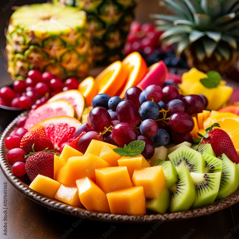 Poster stock image of a colorful fruit platter with sliced tropical fruits, a healthy and refreshing desser
