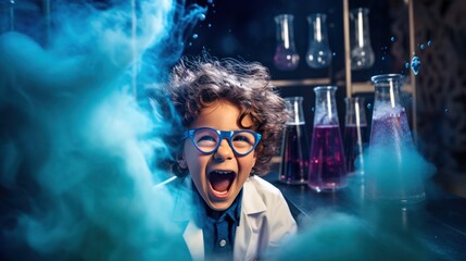 Funny children at laboratory for science test, Laughing for blast and smoke in class, exciting...
