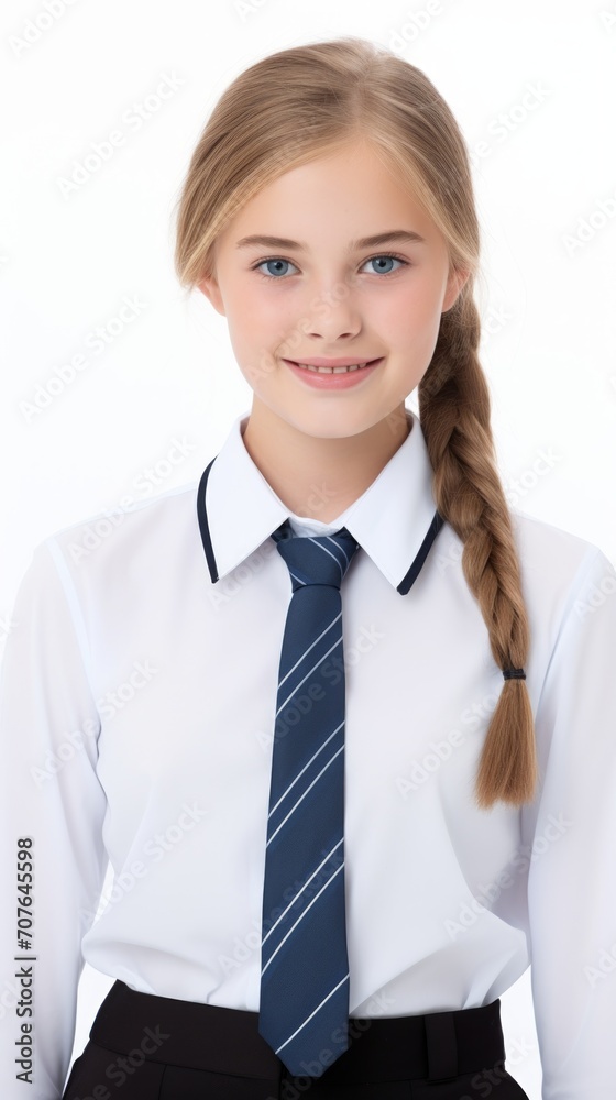 Poster stock image of a girl in a school uniform against a white background generative ai