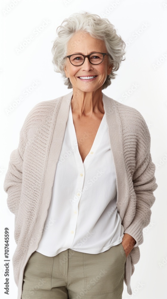 Poster Stock image of a grandma dressed in a cardigan on a white backdrop Generative AI