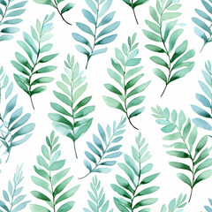 Seamless watercolor pattern of green fern leaves