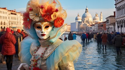 Masked performer at Venice Carnival, ornate costume, Italian tradition, festive masquerade, cultural heritage - obrazy, fototapety, plakaty