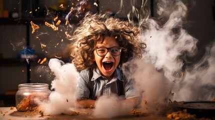 Funny children at laboratory for science test, Laughing for blast and smoke in class, exciting testing - obrazy, fototapety, plakaty