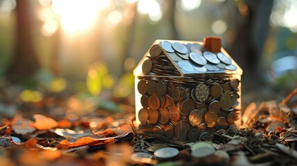 A clear glass piggy bank in the form of a house filled with coins on a wooden surface, mortgage and house purchase concept - obrazy, fototapety, plakaty