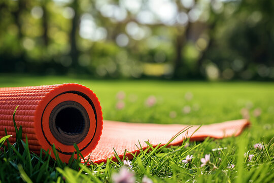 yoga mat on spring grass.