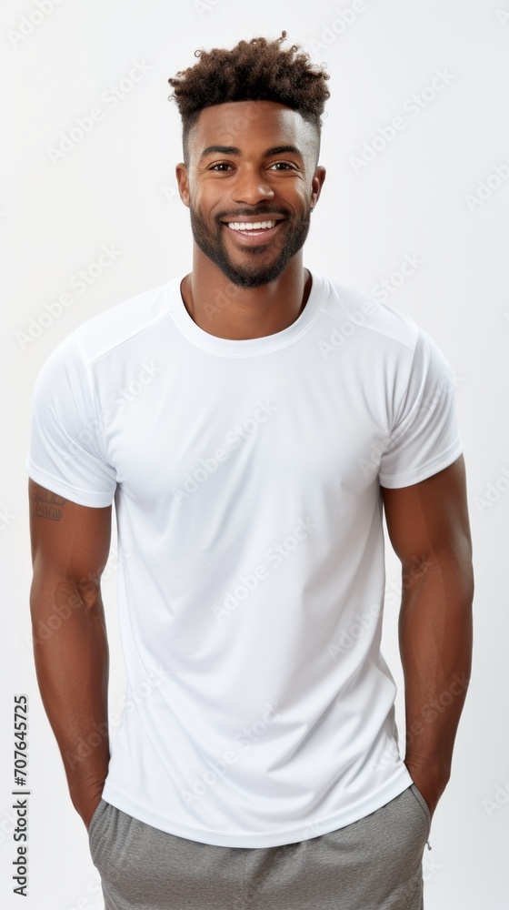 Poster stock image of a man in athletic wear on a plain white background generative ai
