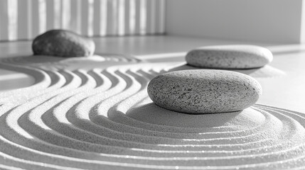 A soothing image of a minimalist zen garden, with raked sand and neatly arranged stones. - obrazy, fototapety, plakaty