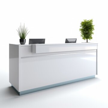 Stock image of a modern reception desk on a white background, sleek, welcoming front desk Generative AI