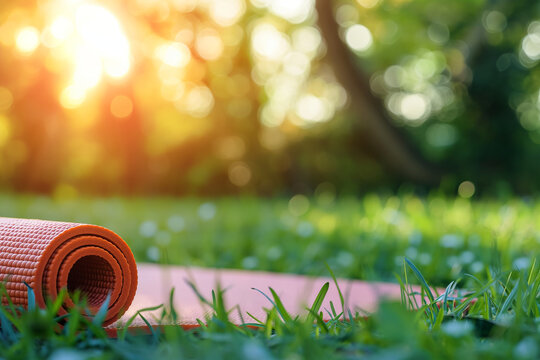 yoga mat on spring grass.