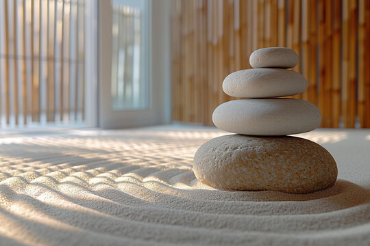 An image of a tranquil spa setting with a Zen garden, including smooth stones and raked sand.