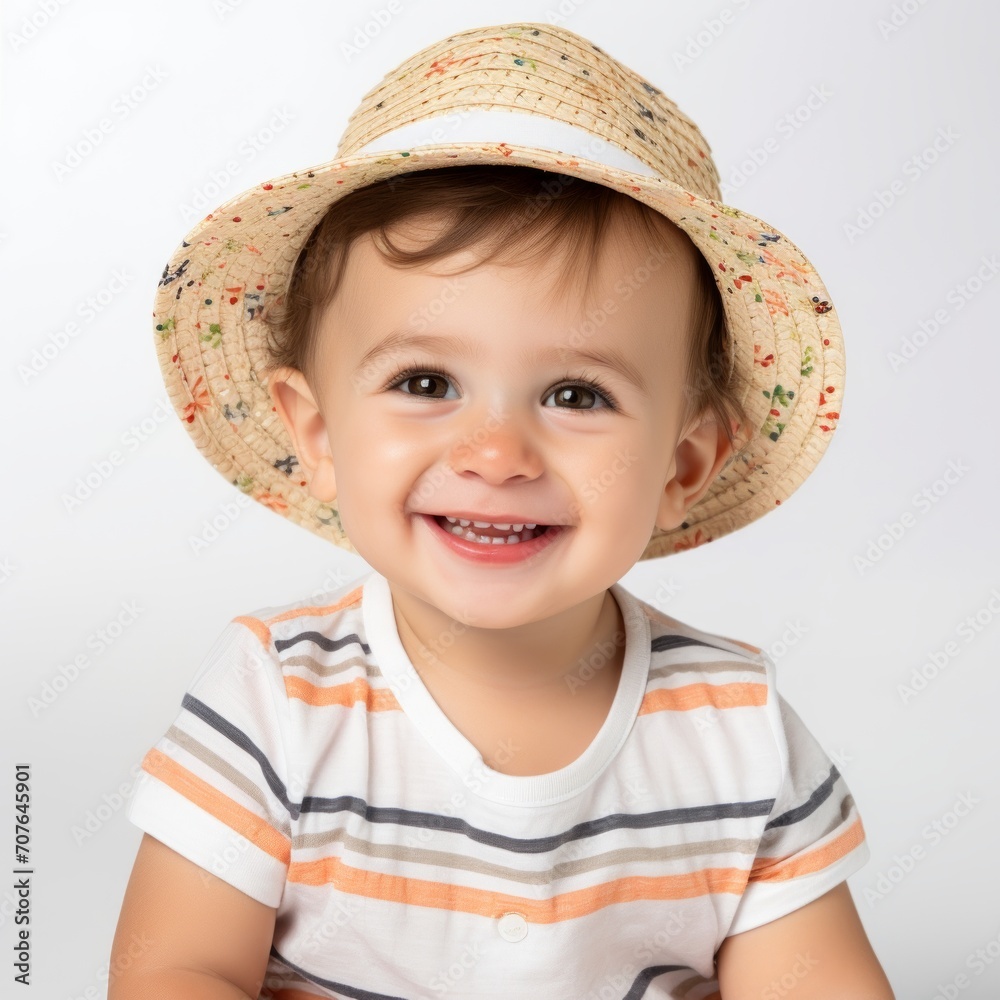 Poster Stock image of a toddler in a summer outfit on a white backdrop Generative AI