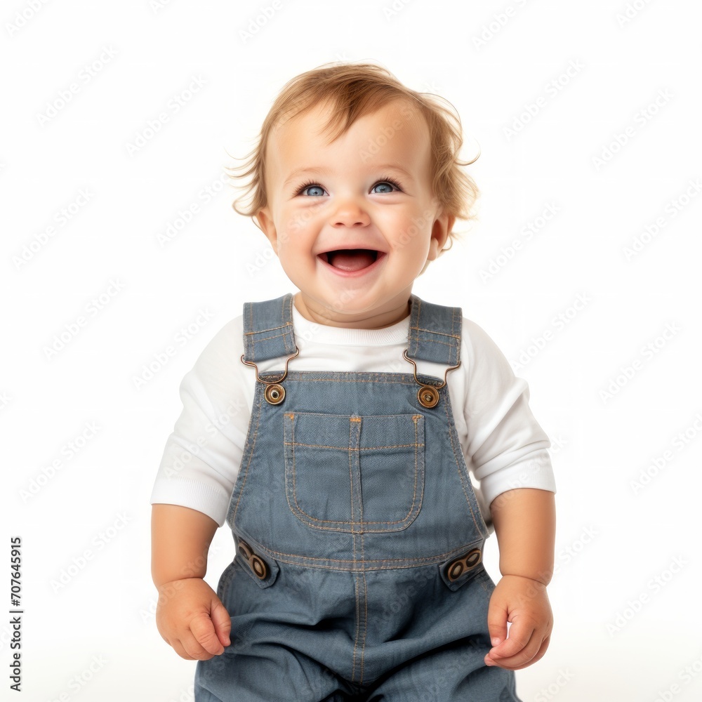 Poster Stock image of a toddler in overalls against a plain white background Generative AI