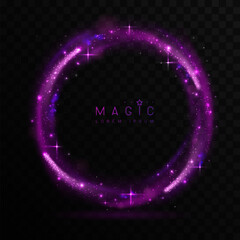 Magic violet glowing shiny circle or light trail isolated on black transparent background. Vector illustration