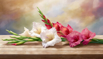 Fototapeta na wymiar Kwiaty mieczyki vintage, dekoracja ścienna tło, generative ai