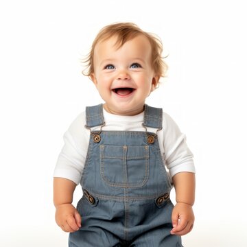 Stock image of a toddler in overalls against a plain white background Generative AI