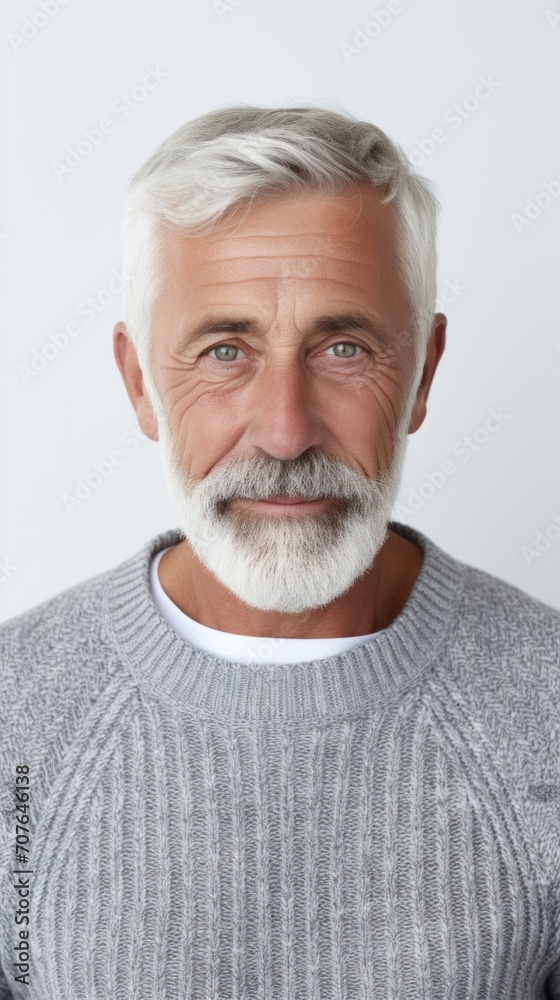 Poster stock image of an elderly man in a sweater against a white backdrop generative ai