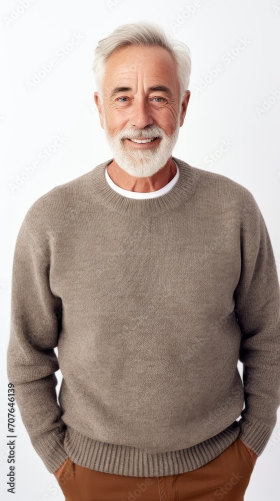 Poster stock image of an elderly man in a cozy sweater on a white backdrop generative ai
