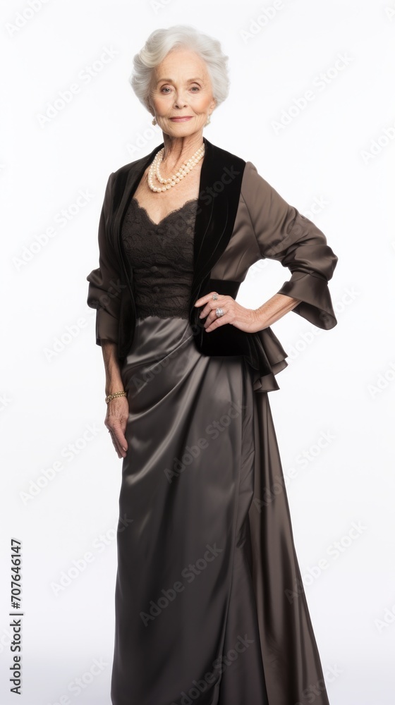 Poster stock image of an elderly woman in elegant attire on a plain white background generative ai