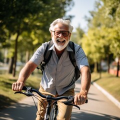 Stock image of an elderly man enjoying a bike ride, staying active and healthy Generative AI