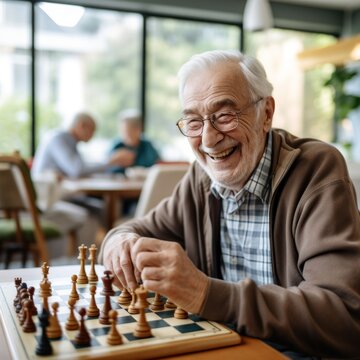 Stock image of an elderly man playing chess or cards with friends, strategic and social interaction Generative AI