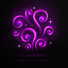 Magic violet glowing shiny trail or magic spirals isolated on black transparent background. Vector illustration