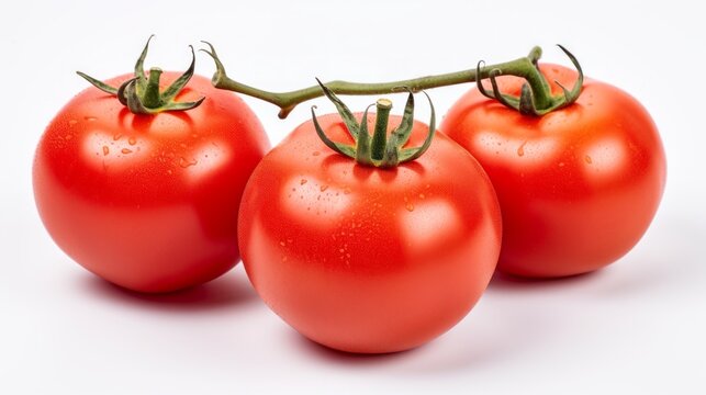 Three vibrant red tomatoes captured in a close-up realistic photo against a white background Generative AI