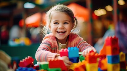 child playing with colorful building blocks in the school's play area - Powered by Adobe