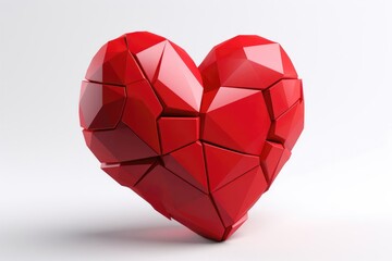 Red glass broken heart. Red shiny heart with cracks on an isolated background. 3d rendering. 3D Illustration