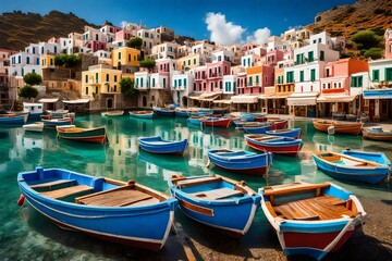 A tranquil morning scene at Amoudi Bay, with fishing boats gently bobbing in the harbor, surrounded by colorful buildings and the pristine waters of the Mediterranean.