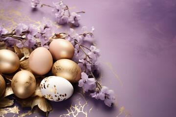 Fototapeta na wymiar Spring background with gold purple, lilac, Easter eggs and fresh flowers. copy space, space for text