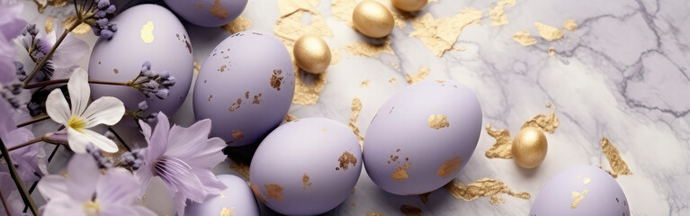 Banner. Spring background with gold purple Easter eggs and fresh flowers. copy space, space for text