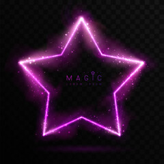 Obraz premium Magic violet glowing neon star shape isolated on black transparent background. Vector illustration