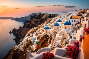 A serene sunrise over the cliffs of Santorini, painting the sky in soft pastel shades and casting a tranquil glow over the island.