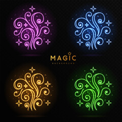 Set of colorful magic neon glowing spirals isolated on black transparent background. Vector illustration