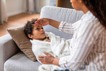 Caring black mother checking her son's forehead while he lying on couch - obrazy, fototapety, plakaty