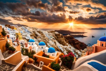The last rays of sunlight piercing through billowing clouds, illuminating the Santorini skyline in a kaleidoscope of colors, reflecting off the tranquil waters below.